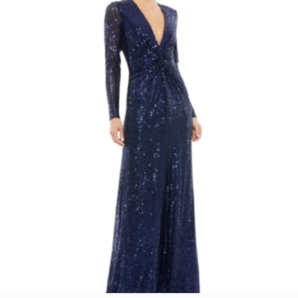 MAC DUGGAL 26552 v neck long sleeve SEQUINED KNOTTED WAIST MIDNIGHT NAVY GOWN 14 - Picture 1 of 15